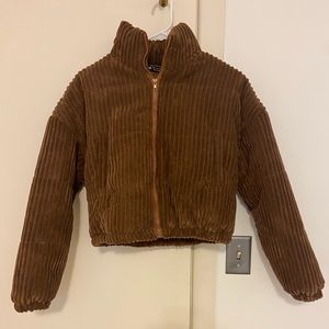 Zip Up Pocket Side Puffer Jacket in Brown